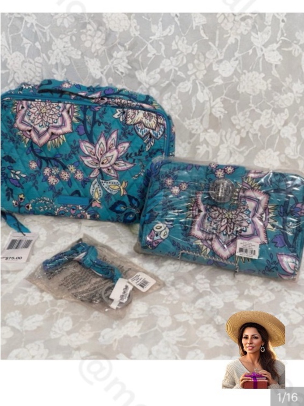 Vera Bradley Bundle Set of 3 Peacock Garden Large Makeup Bag, Wallet & Lanyard